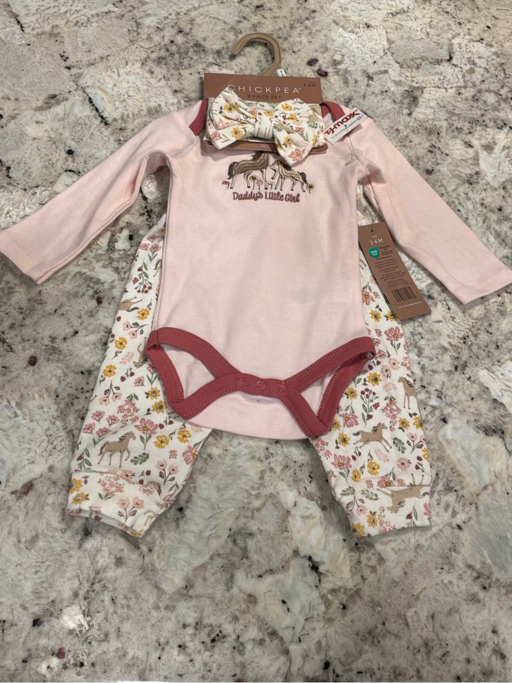 chick pea pink & cream Long-Sleeve Baby One-Piece Set with Floral horse Print